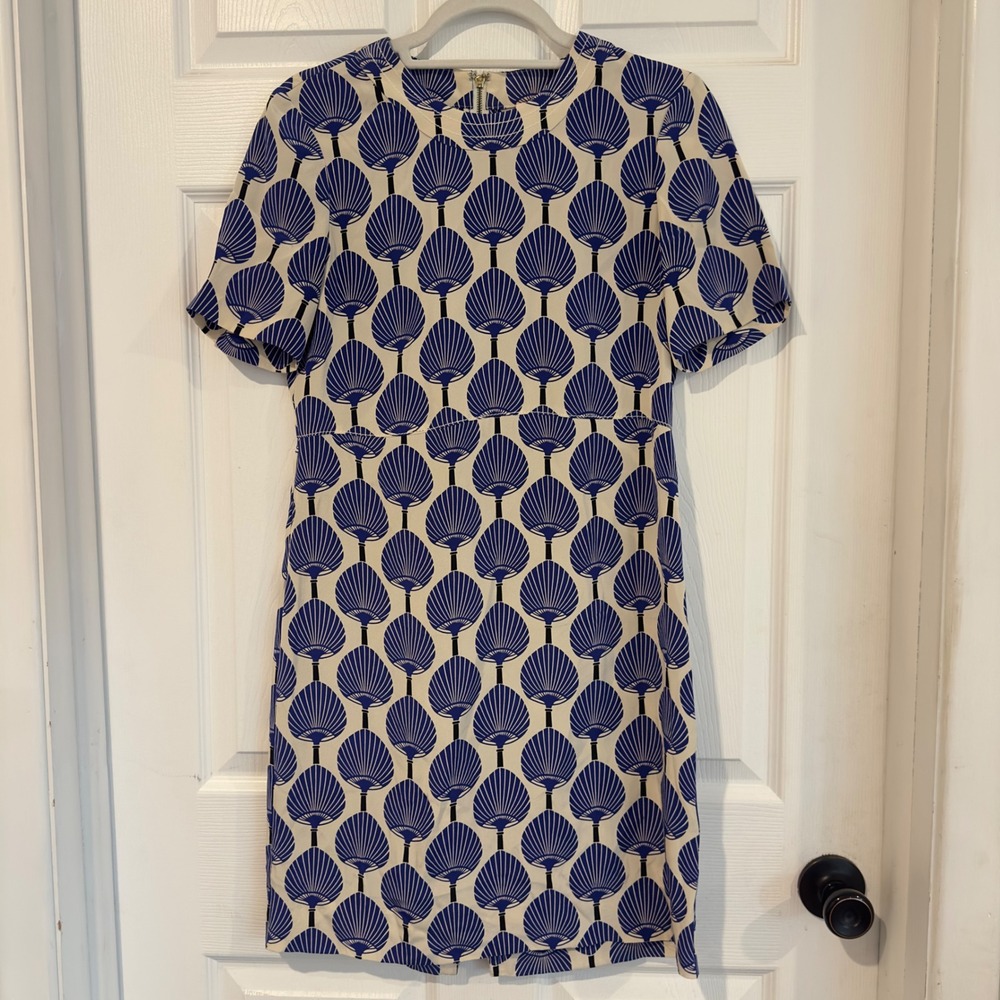 Kate Spade Florence Broadhurst Silk Japanese Fan Print Shift Dress Blue Cream 0